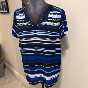 Elle Multi-Striped V-Neck Top in Royal Blue, Black and White